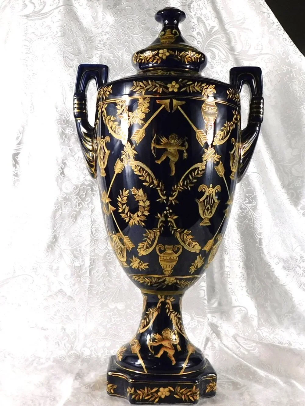 Big Blue Jar, Vase, or Urn with Angels # 27259